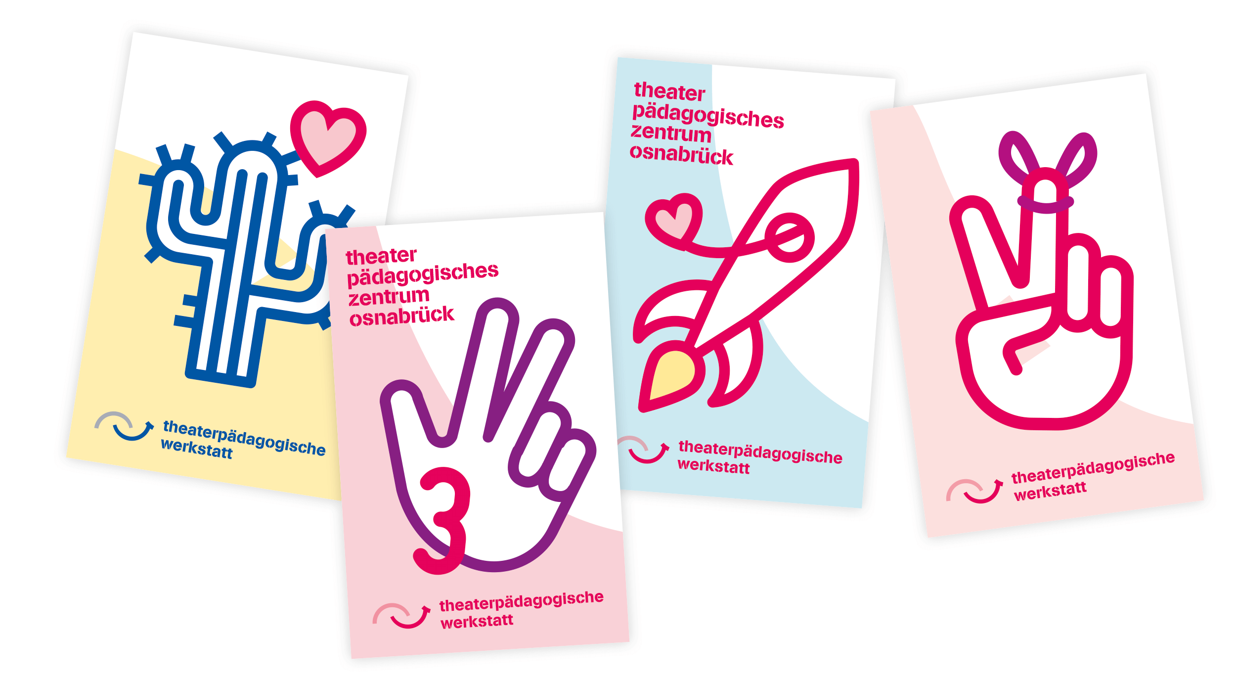vier verschiedene Visitenkarten der theaterpädagogische Werkstatt Osnabrück mit bunten Icons